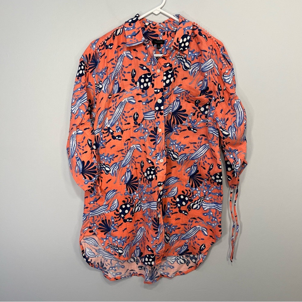 NEW Talbots Shirt Womens Small Pink Coral Crab Cotton Collared Button Up Beach